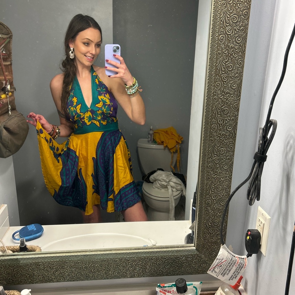 Mardi Gras Boho Floral Yellow Green Purple Halter Dress M